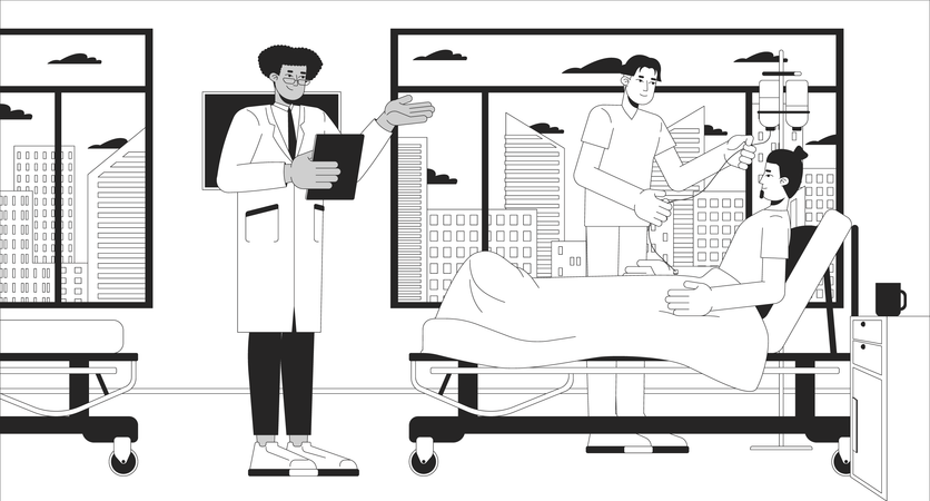 Arzt und Krankenschwester untersuchen Patienten im Krankenhausbett  Illustration