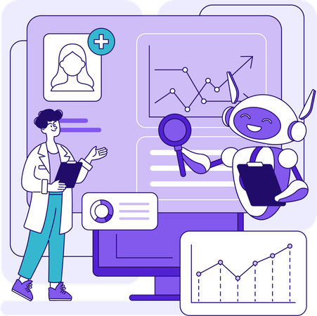 Arzt und Roboter überprüfen Patientenbericht  Illustration