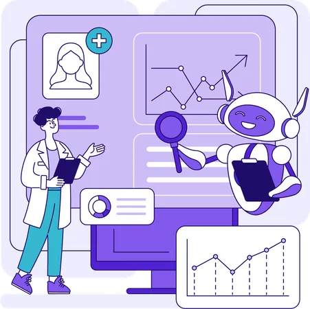 Arzt und Roboter überprüfen Patientenbericht  Illustration