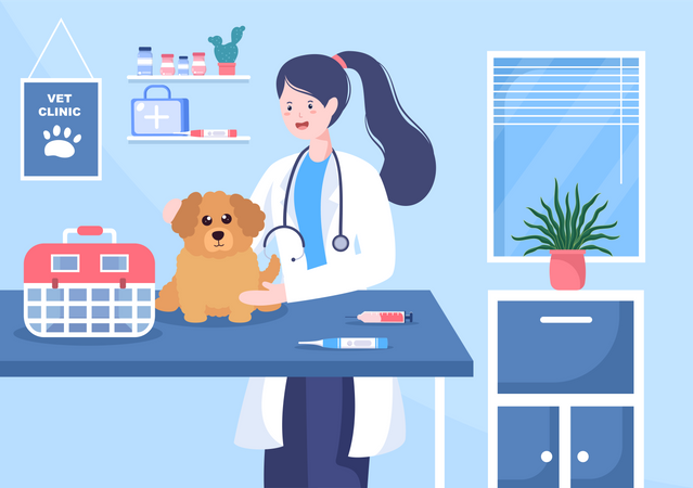 Arzt untersucht Hund in Tierklinik  Illustration