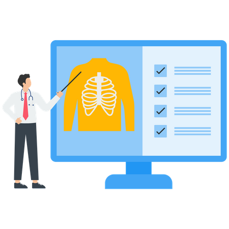 Arzt untersucht Röntgenaufnahme des Brustkorbs eines Patienten und diagnostiziert Infektion der Atemwege  Illustration