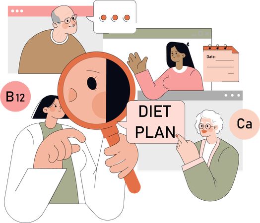 Arzt verschreibt geschwächten Patienten B12-Tabletten  Illustration