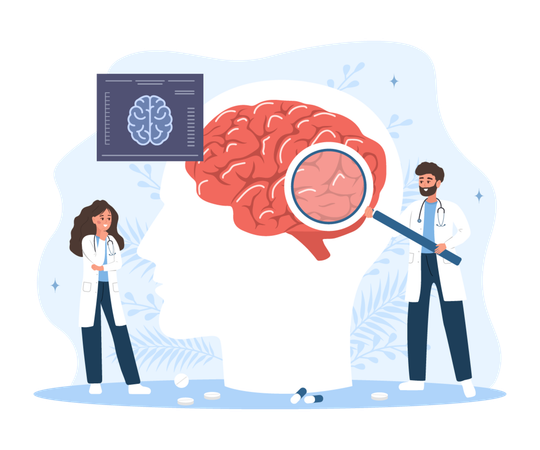 Ärzteteam analysiert innere Organe mit Lupe  Illustration