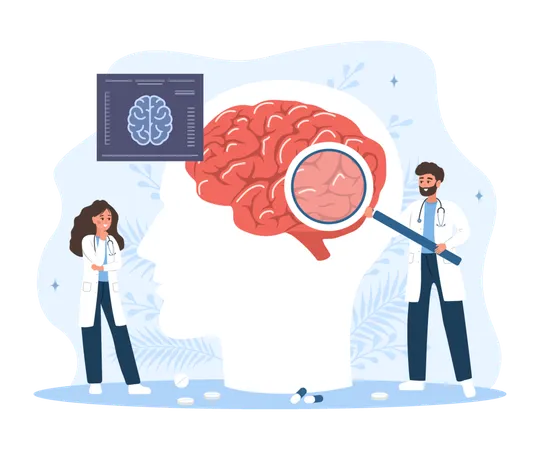 Ärzteteam analysiert innere Organe mit Lupe  Illustration