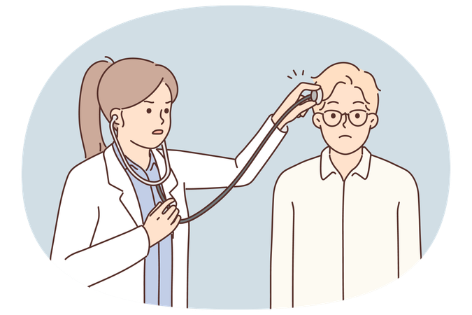 Ärztin legt Stethoskop auf den Kopf der Patientin, um ein Konzept zur Behandlung von Kopfschmerzen zu entwickeln  Illustration
