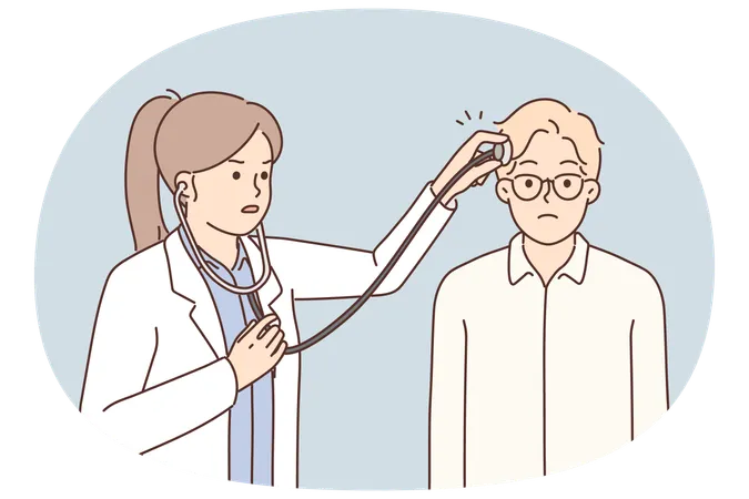Ärztin legt Stethoskop auf den Kopf der Patientin, um ein Konzept zur Behandlung von Kopfschmerzen zu entwickeln  Illustration