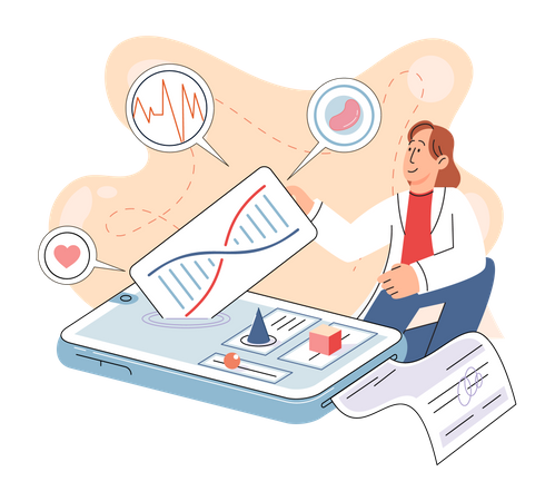 Ärztin untersucht Patienten-DNA-Bericht  Illustration