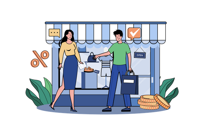 As pessoas compram pano na loja de compras  Ilustração