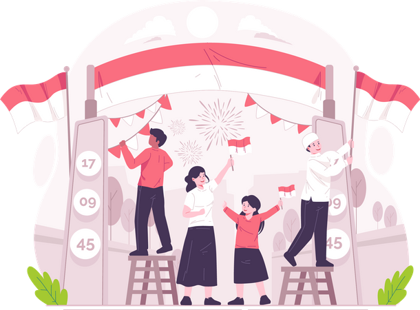 As pessoas decoram o portão para celebrar o Dia da Independência da Indonésia em 17 de agosto  Ilustração