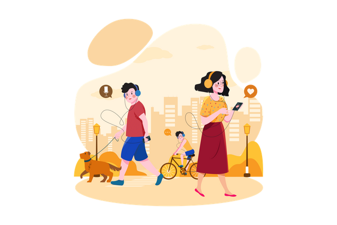 As pessoas ouvem podcasts enquanto andam na rua  Ilustração