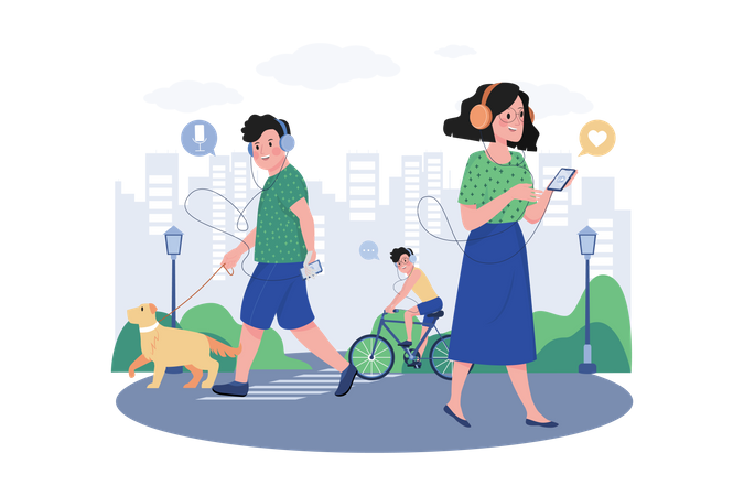 As pessoas ouvem podcasts enquanto andam na rua  Ilustração