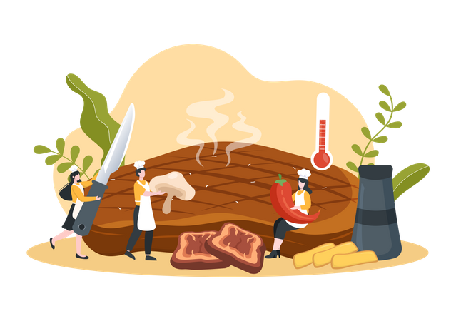 Asador de Carne a la Brasa con Jugoso Delicioso Filete  Ilustración