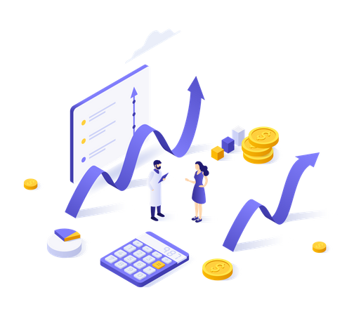 Ascending charts and dollar coins  Illustration