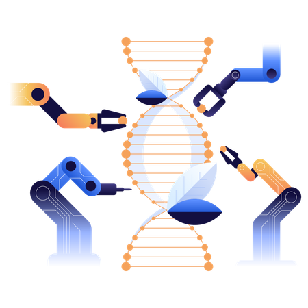 Ascensão da biotecnologia Braços robóticos manipulam dupla hélice de DNA  Ilustração