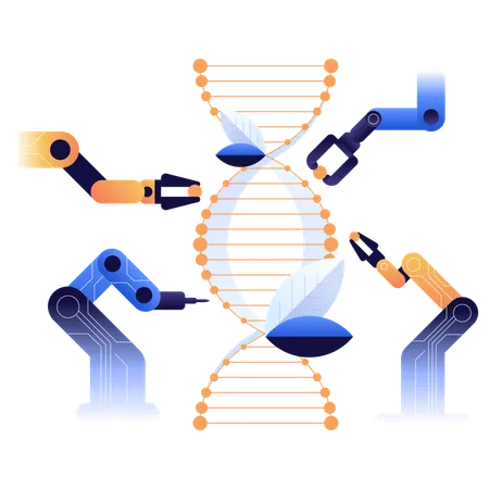 Ascensão da biotecnologia Braços robóticos manipulam dupla hélice de DNA  Ilustração