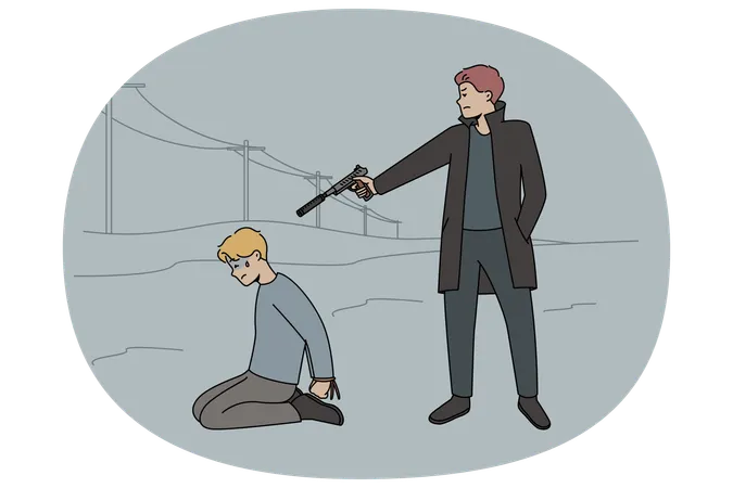Un asesino con un arma en la mano realiza un disparo de control en la cabeza de la víctima.  Ilustración