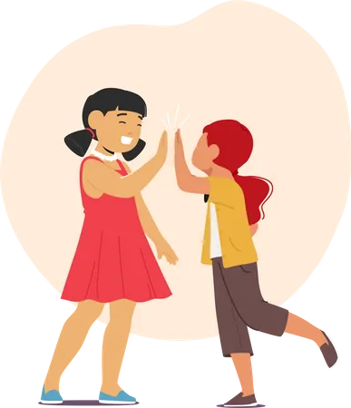 Asian And Caucasian Girls Joyfully Giving Each Other High Five  Illustration