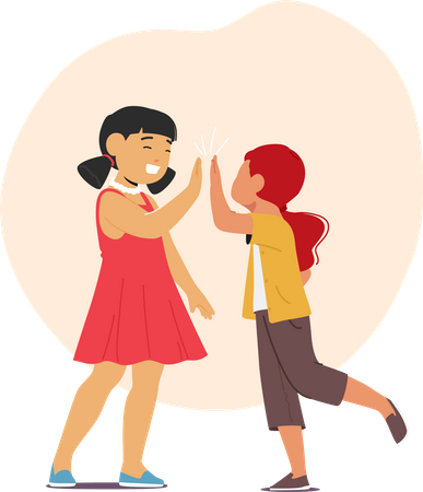 Asian And Caucasian Girls Joyfully Giving Each Other High Five  Illustration