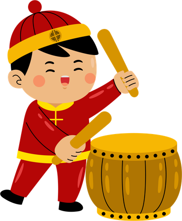 Asian boy beating drum  Illustration