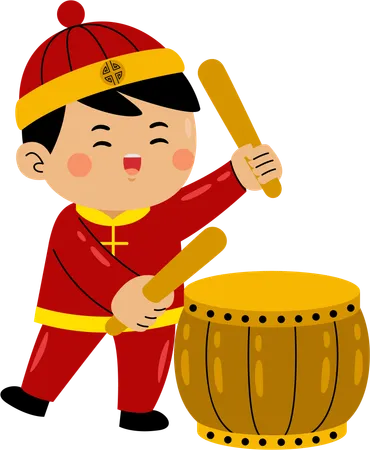 Asian boy beating drum  Illustration