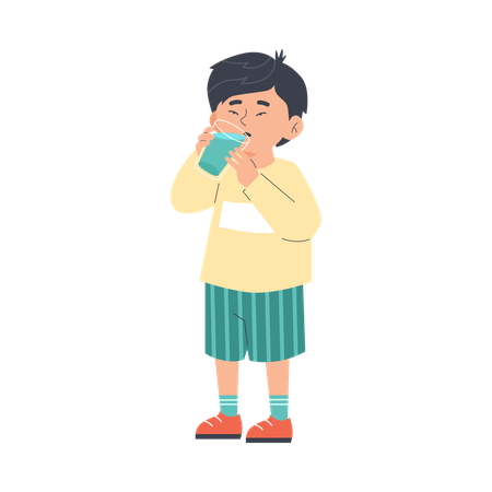Asian boy holding glass of water and drinking from it  Illustration
