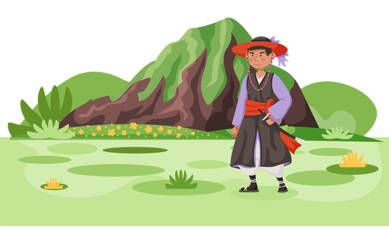 Asian country with man dressed in national clothes with sword weapon samurai  Illustration