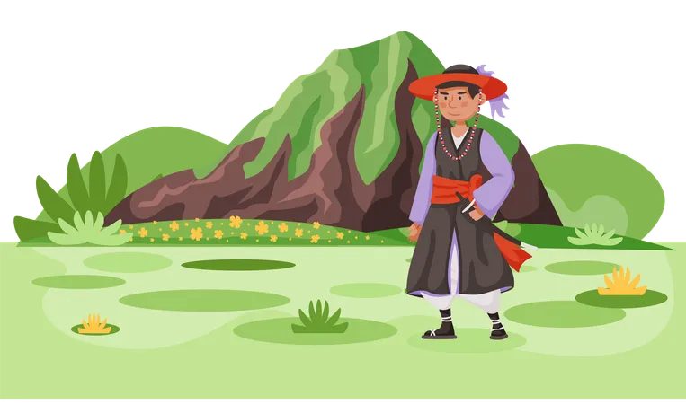 Asian country with man dressed in national clothes with sword weapon samurai  Illustration