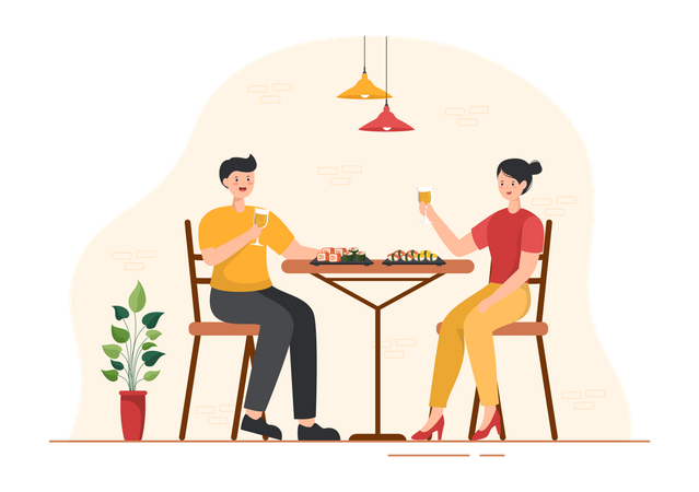 Asian Couple eating sushi at restaurant  Illustration