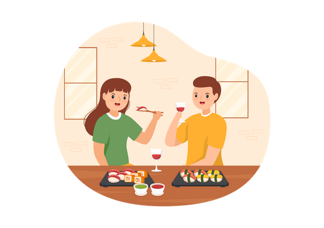 Asian Couple eating sushi  Illustration