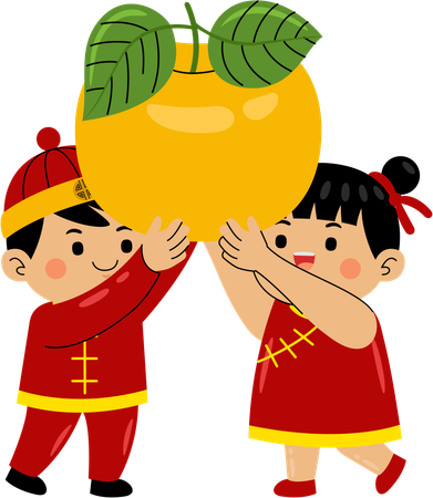 Asian couple holding chinese golden apple  Illustration