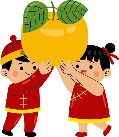 Asian couple holding chinese golden apple  Illustration