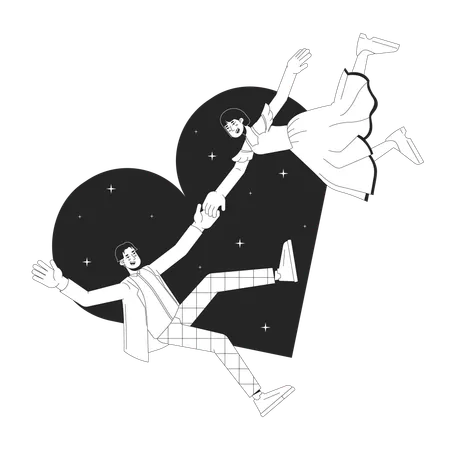 Asian Couple Love At First Sight Black And White 2 D Illustration Concept Korean Boyfriend Girlfriend Cartoon Outline Characters Isolated On White Romantic Dreamy Metaphor Monochrome Vector Art Illustration
