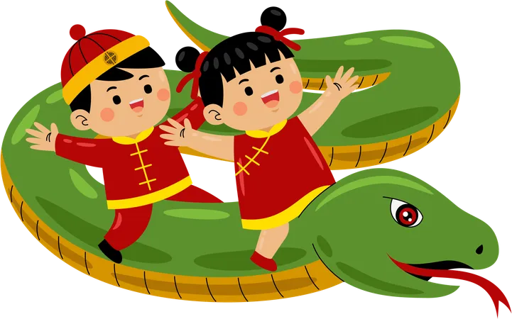 Asian couple riding chinese snake  Illustration