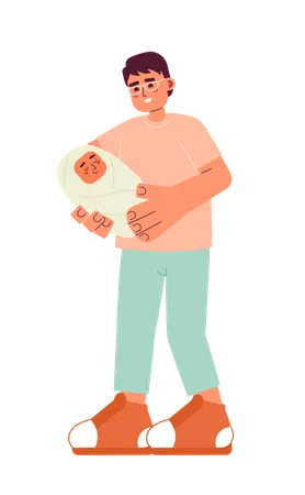 Asian Dad Bonding With Baby Semi Flat Color Vector Characters Father Holding Swaddled Newborn Infant Editable Full Body People On White Simple Cartoon Spot Illustration For Web Graphic Design Illustration