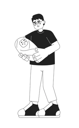 Asian Dad Bonding With Baby Monochromatic Flat Vector Characters Father Holding Swaddled Newborn Infant Editable Thin Line People On White Simple Bw Cartoon Spot Image For Web Graphic Design Illustration