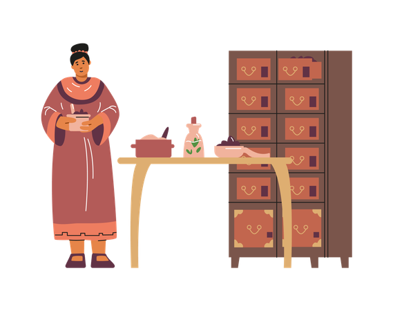 Asian doctor with medical supplies for oriental medicine making  Illustration