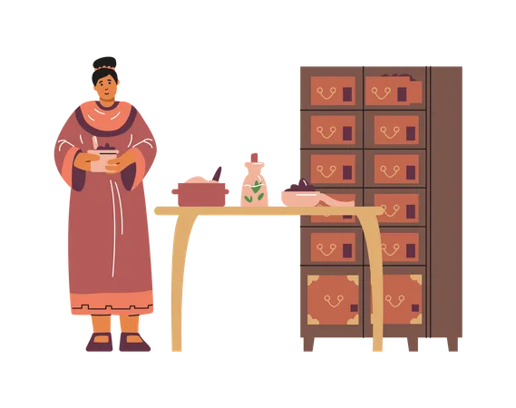 Asian doctor with medical supplies for oriental medicine making  Illustration