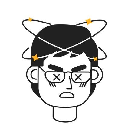 Asian Eyeglasses Man Feeling Dizzy Monochrome Flat Linear Character Head Male With Vertigo Editable Outline Hand Drawn Human Face Icon 2 D Cartoon Spot Vector Avatar Illustration For Animation 일러스트레이션