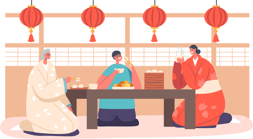Asian Family and Kid Have Dinner at Home Illustration