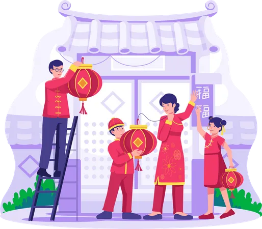 Asian Family decorates together the temple with lanterns  Illustration