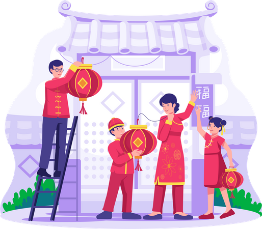 Asian Family decorates together the temple with lanterns  Illustration