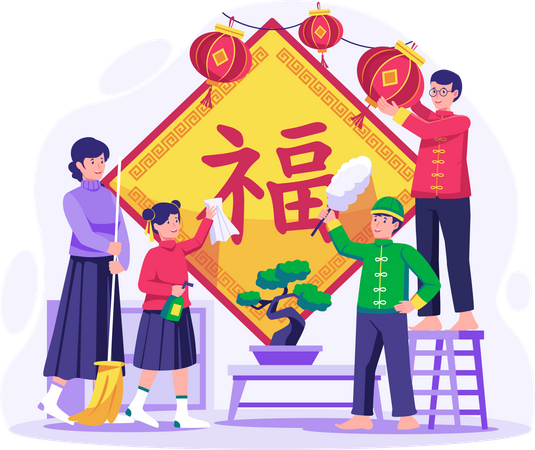 Asian Family doing house chores together Illustration