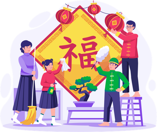 Asian Family doing house chores together  Illustration