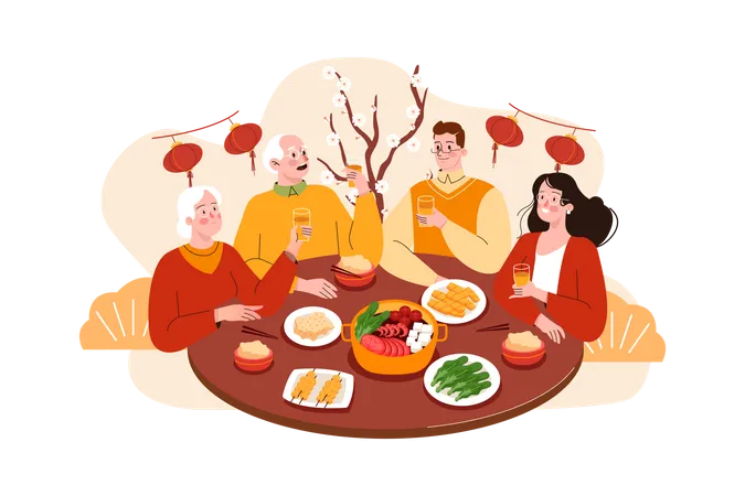 Asian Family gathering together for Chinese new year dinner  Illustration