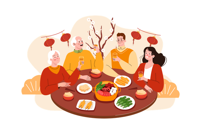 Asian Family gathering together for Chinese new year dinner  Illustration