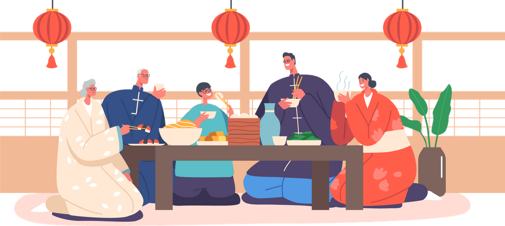 Asian Family Having Dinner at Home  Illustration