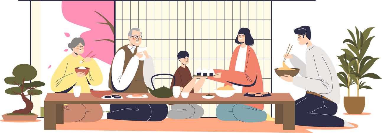 Asian family having food together  Illustration