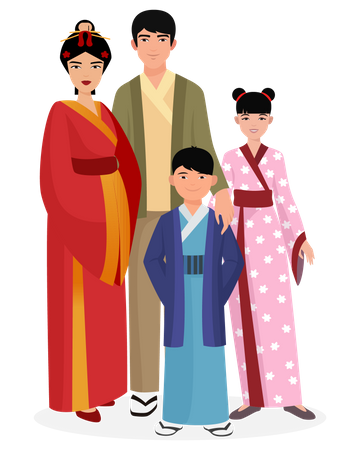 Asian family in traditional outfit  Illustration