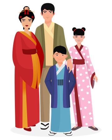 Asian family in traditional outfit  イラスト