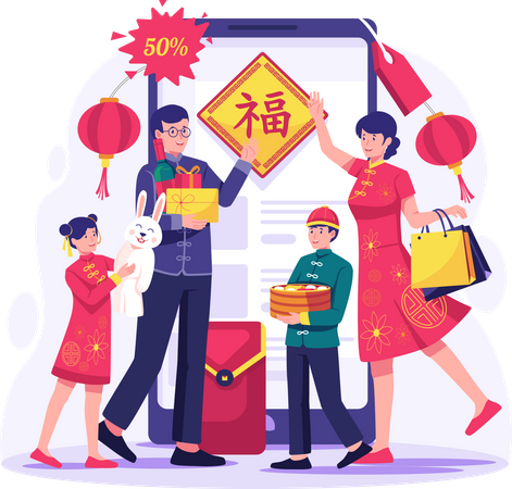 Asian family is shopping online via smartphone  Illustration